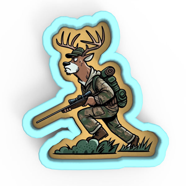 a sticker of a deer hunter with a rifle