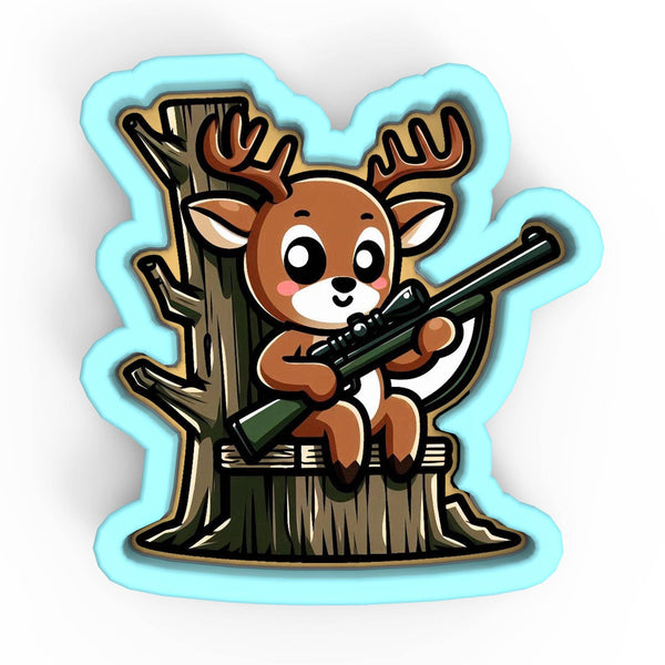 a sticker of a deer holding a rifle