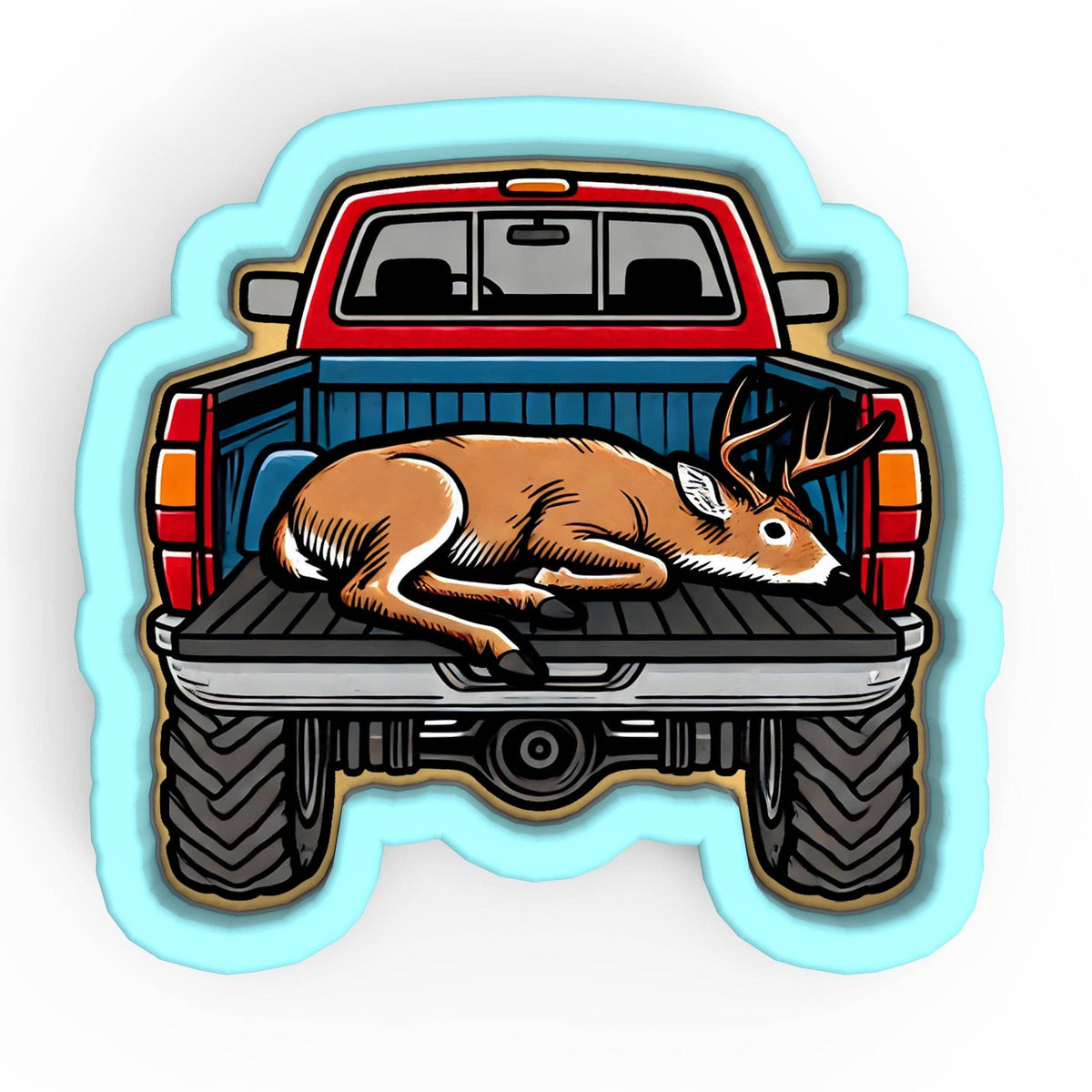 a picture of a deer laying in the bed of a truck