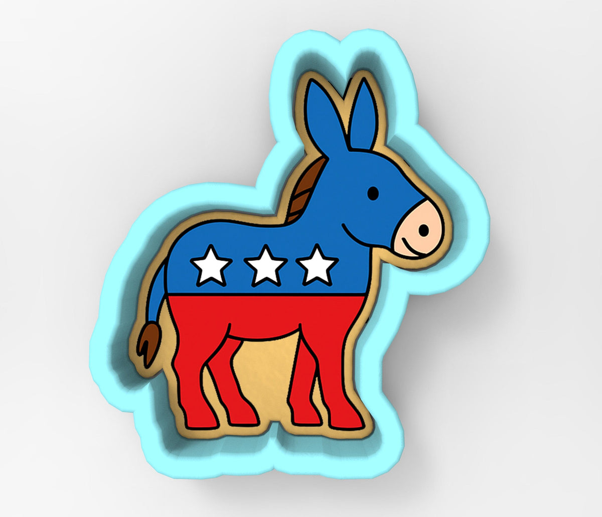A blue donkey with red legs and stars on its back, representing a political party or candidate.