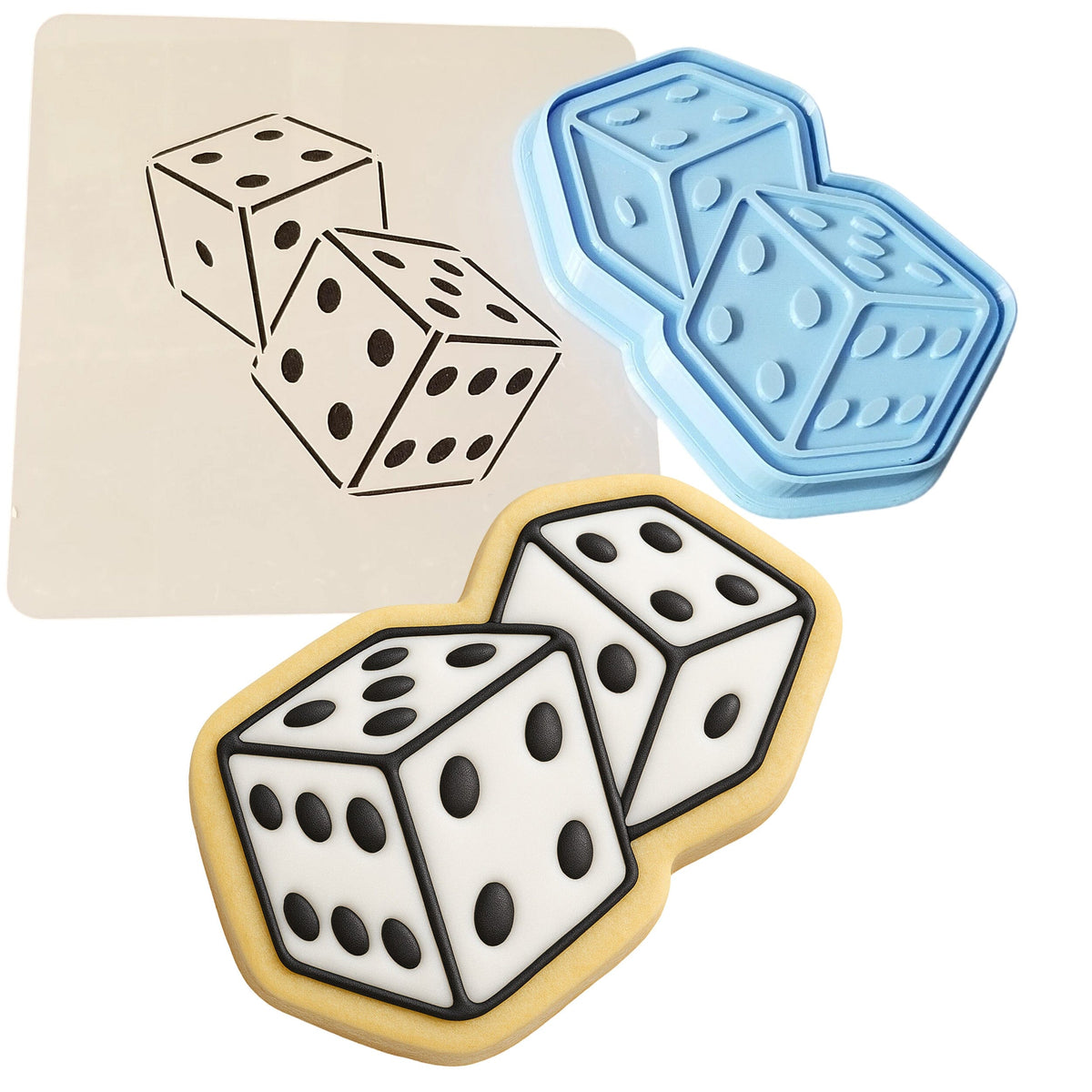 a cookie with two dices and a cookie cutter