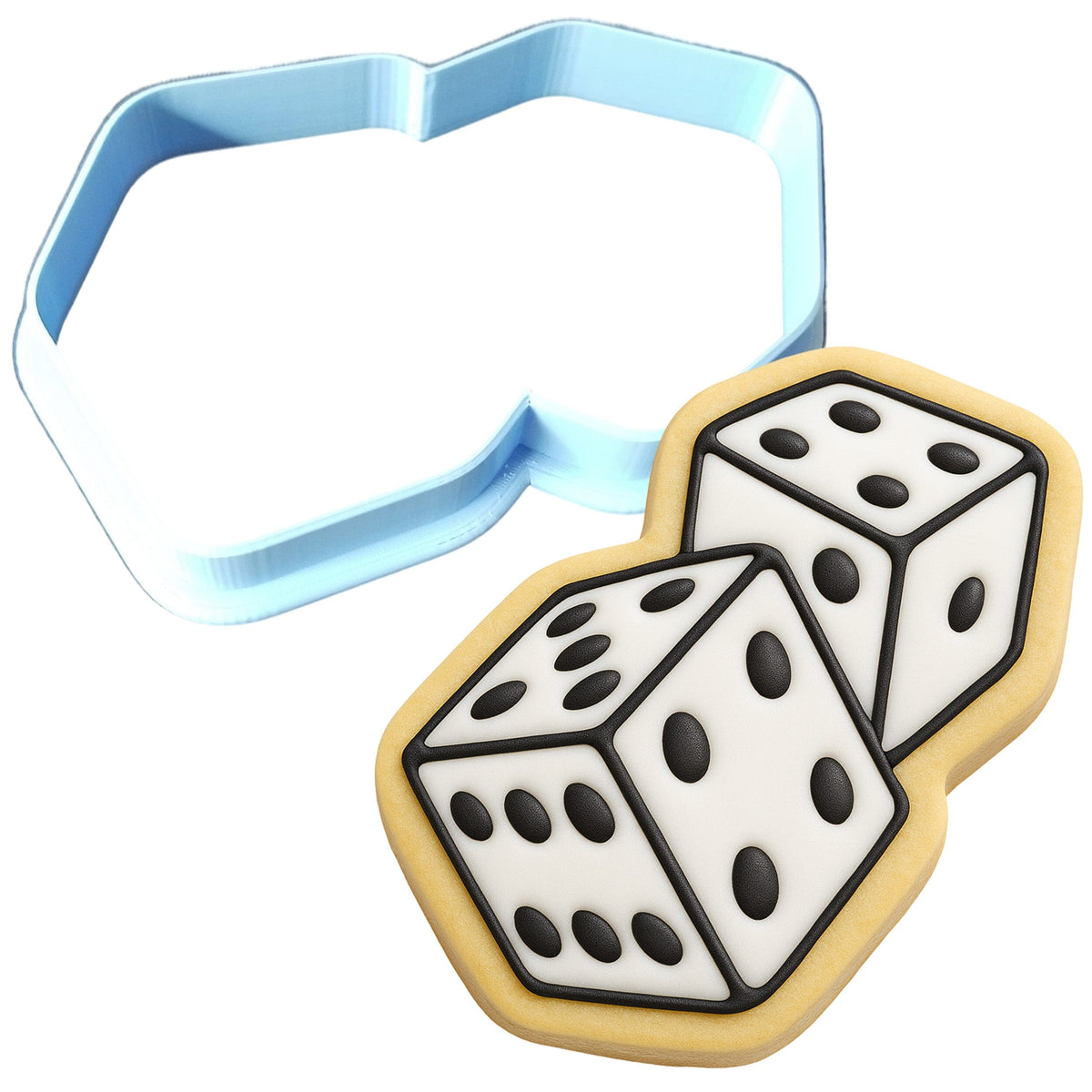 a cookie shaped like a dice and a cookie cutter