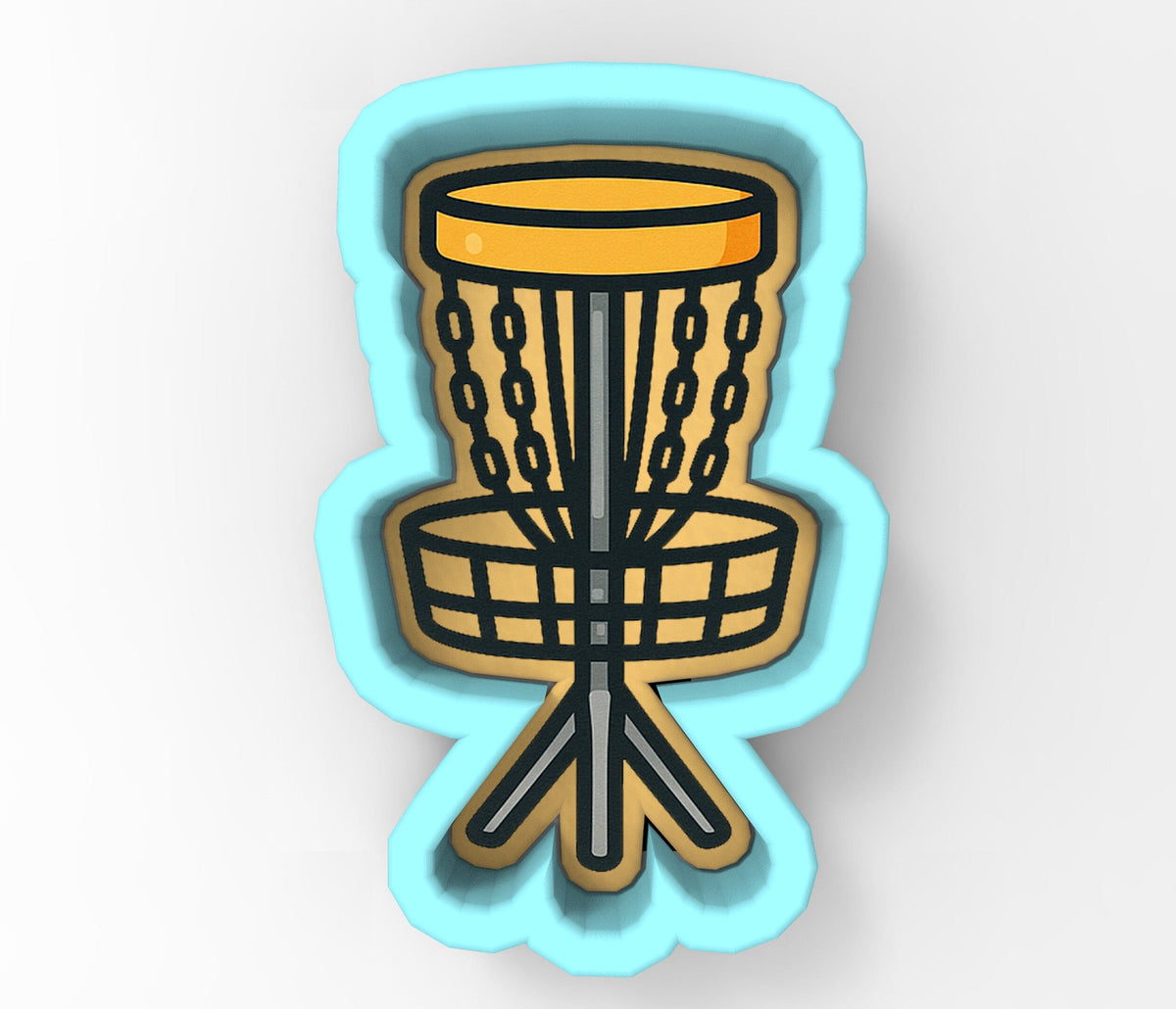 A 3D illustration of a disc golf basket with chains hanging from it.