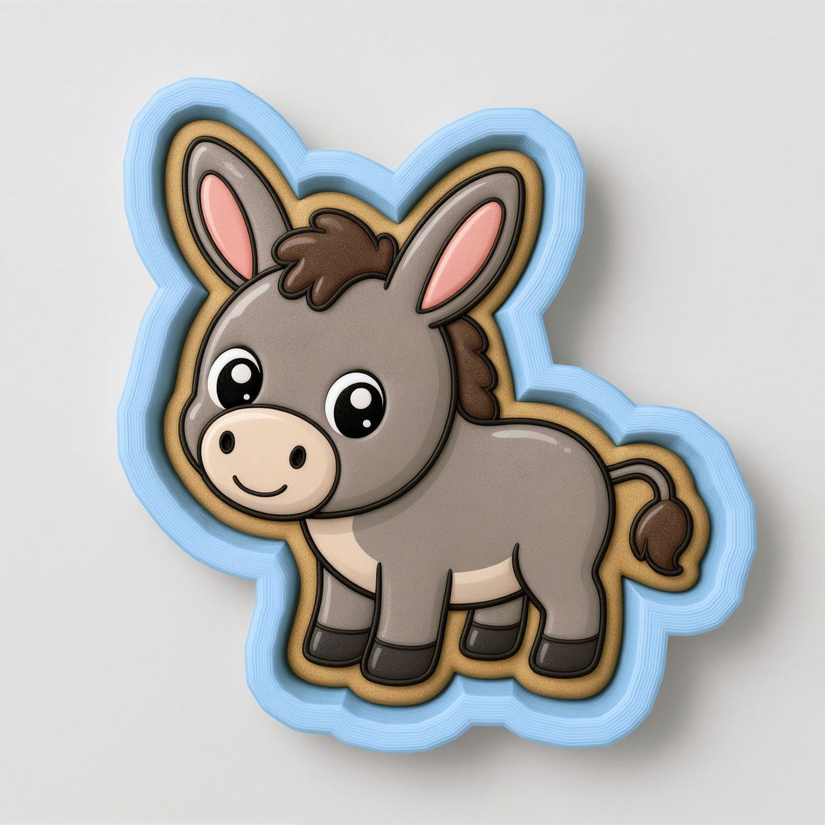 A cartoon donkey cookie cutter with a blue outline and a brown and white color scheme.