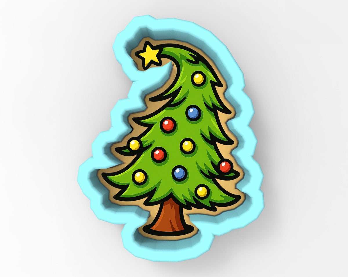 A cartoon-style Christmas tree with colorful ornaments and a star on top, set against a light blue background.