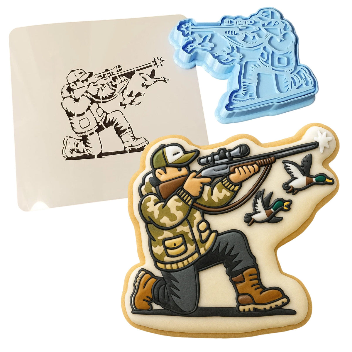 a cookie with a picture of a man shooting a gun