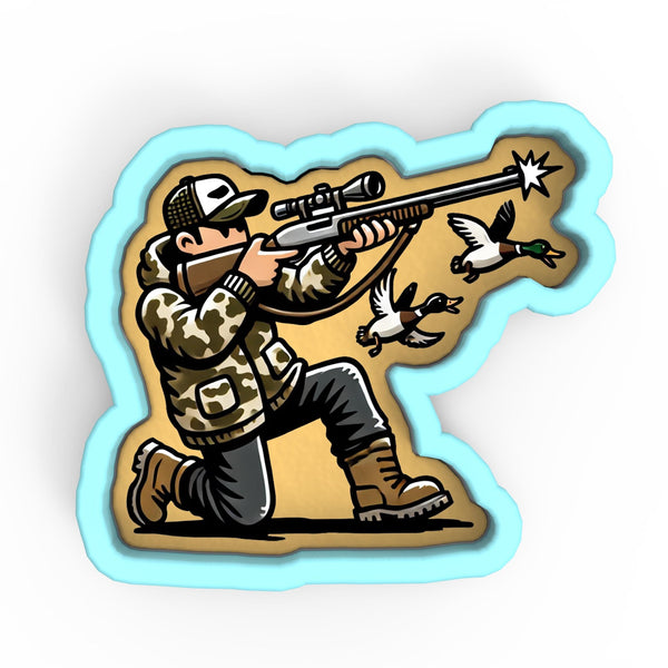 a sticker of a man shooting a bird with a rifle