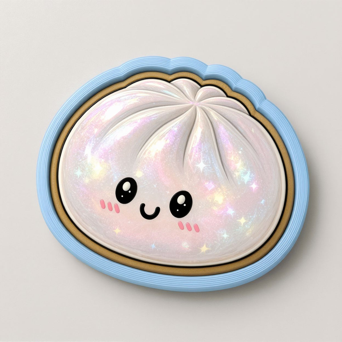 A whimsical illustration of a round, white object with a face and eyes, surrounded by a blue border and adorned with sparkles.