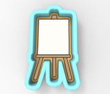 A 3D rendering of a white canvas on a wooden easel, with a blue outline.