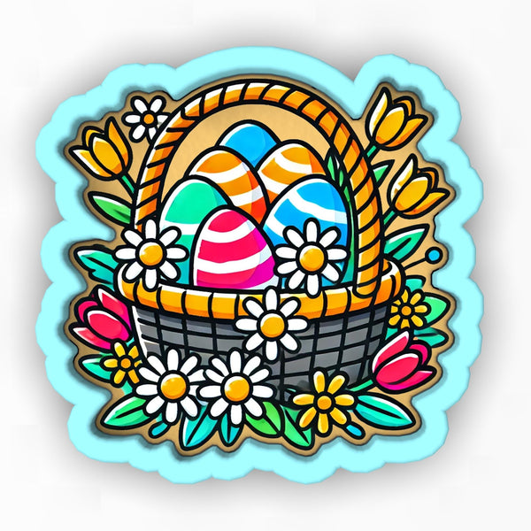 a sticker of a basket filled with easter eggs