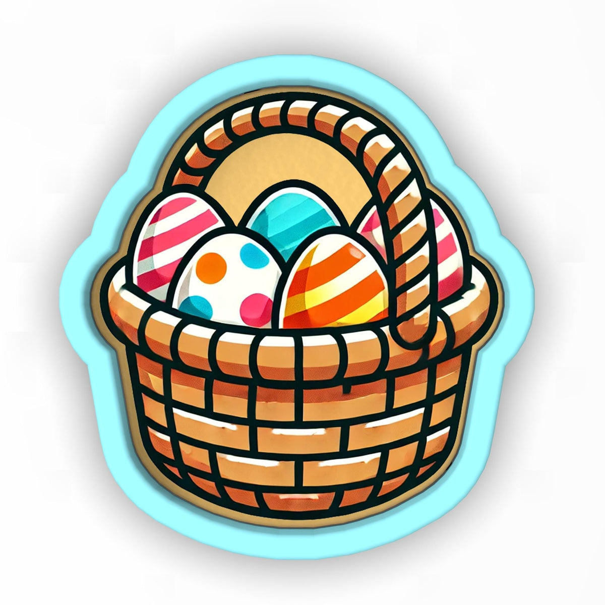a basket filled with eggs on top of a blue plate