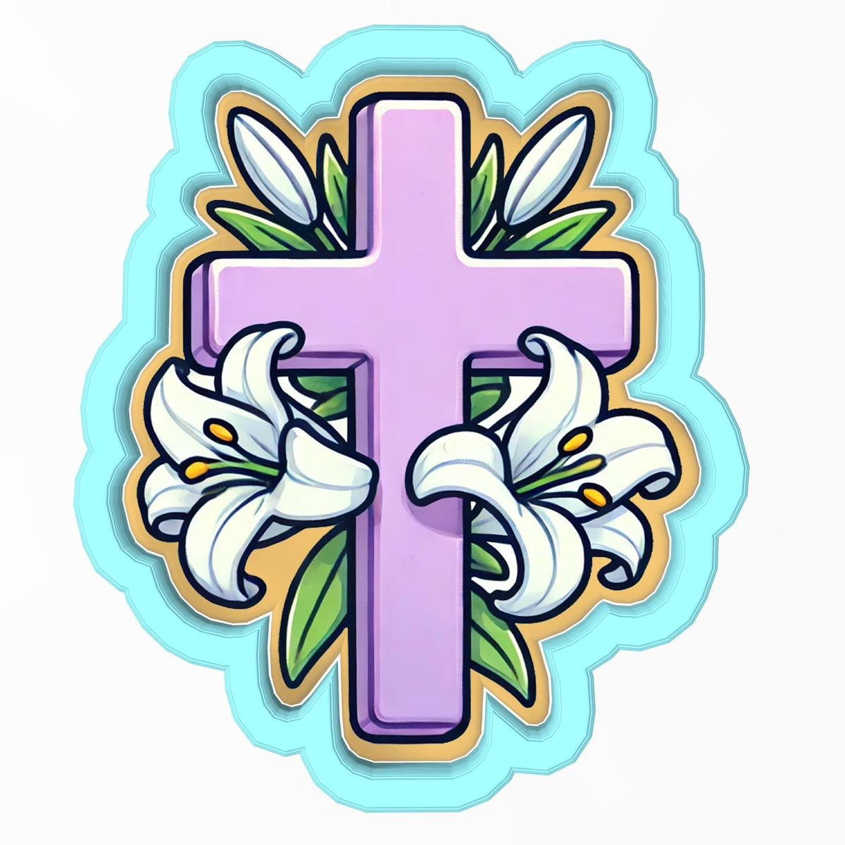 a cross with lilies and leaves on it