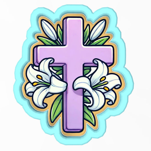 a cross with lilies and leaves on it