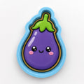 A purple eggplant cookie cutter with a smiling face and a green stem.