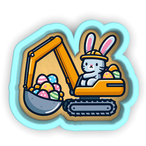 a cartoon of a rabbit with a bulldozer filled with eggs