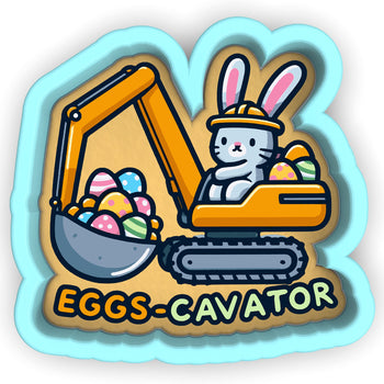 a sticker with an image of an excavator and a bunny