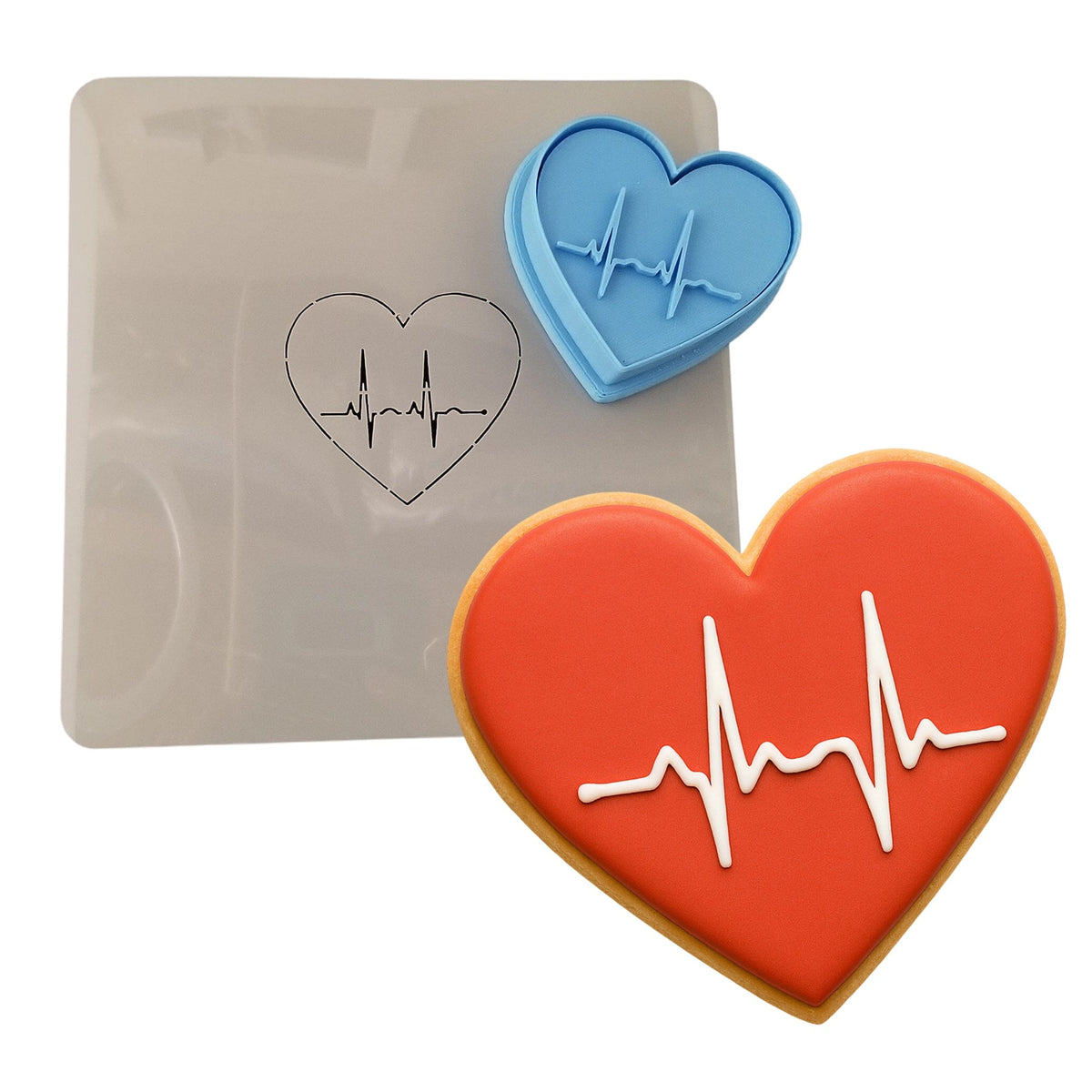 EKG Heart Cookie Cutter | Stamp | Stencil #1 School / Grad Cookie Cutter Lady MINI - 2 Inches (5cm) **FULL SET BUNDLE** Cutter + Stamp + Stencil + Debosser **BEST DEAL** 