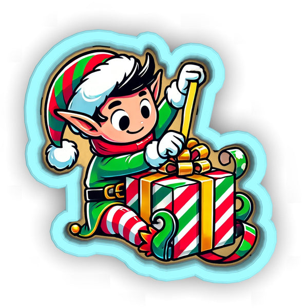 a sticker of a elf holding a christmas present