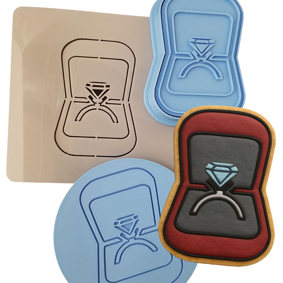 Engagement Ring Box Cookie Cutter | Stamp | Stencil Wedding / Baby / V Day Cookie Cutter Lady MINI - 2 Inches (5cm) **FULL SET BUNDLE** Cutter + Stamp + Stencil + Debosser **BEST DEAL** 