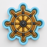 a ship's steering wheel, which is a decorative piece with a blue and brown color scheme.