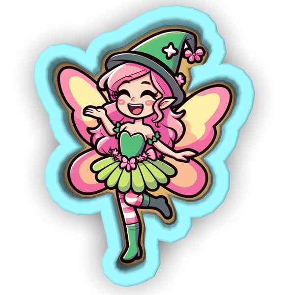 a cartoon fairy with a green hat and pink hair