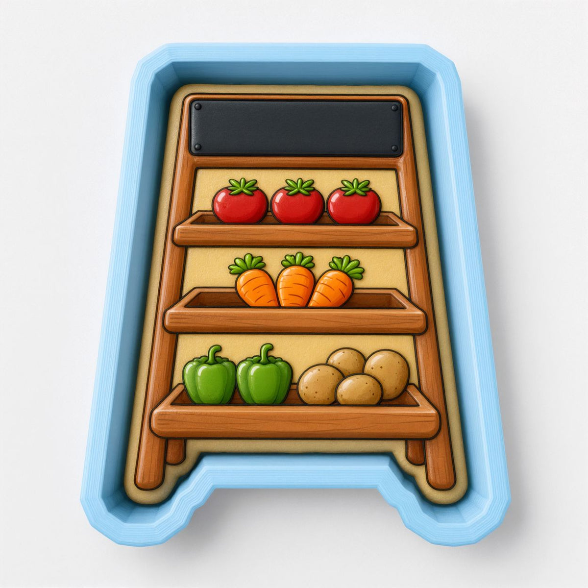 A blue tray with three shelves, each containing various vegetables such as carrots, peppers, and potatoes.