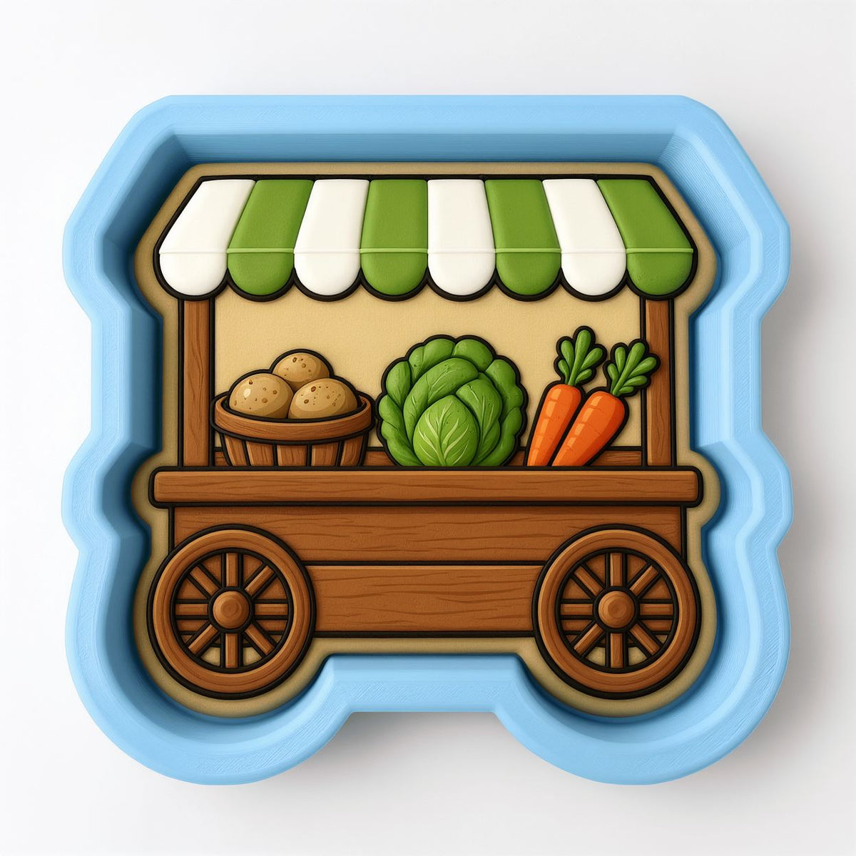A blue and green toy wagon with a wooden frame, displaying various vegetables such as carrots, lettuce, and potatoes.
