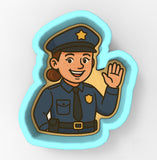 A cartoon illustration of a smiling police officer waving with one hand.