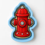A red fire hydrant-shaped cookie cutter with a blue outline.