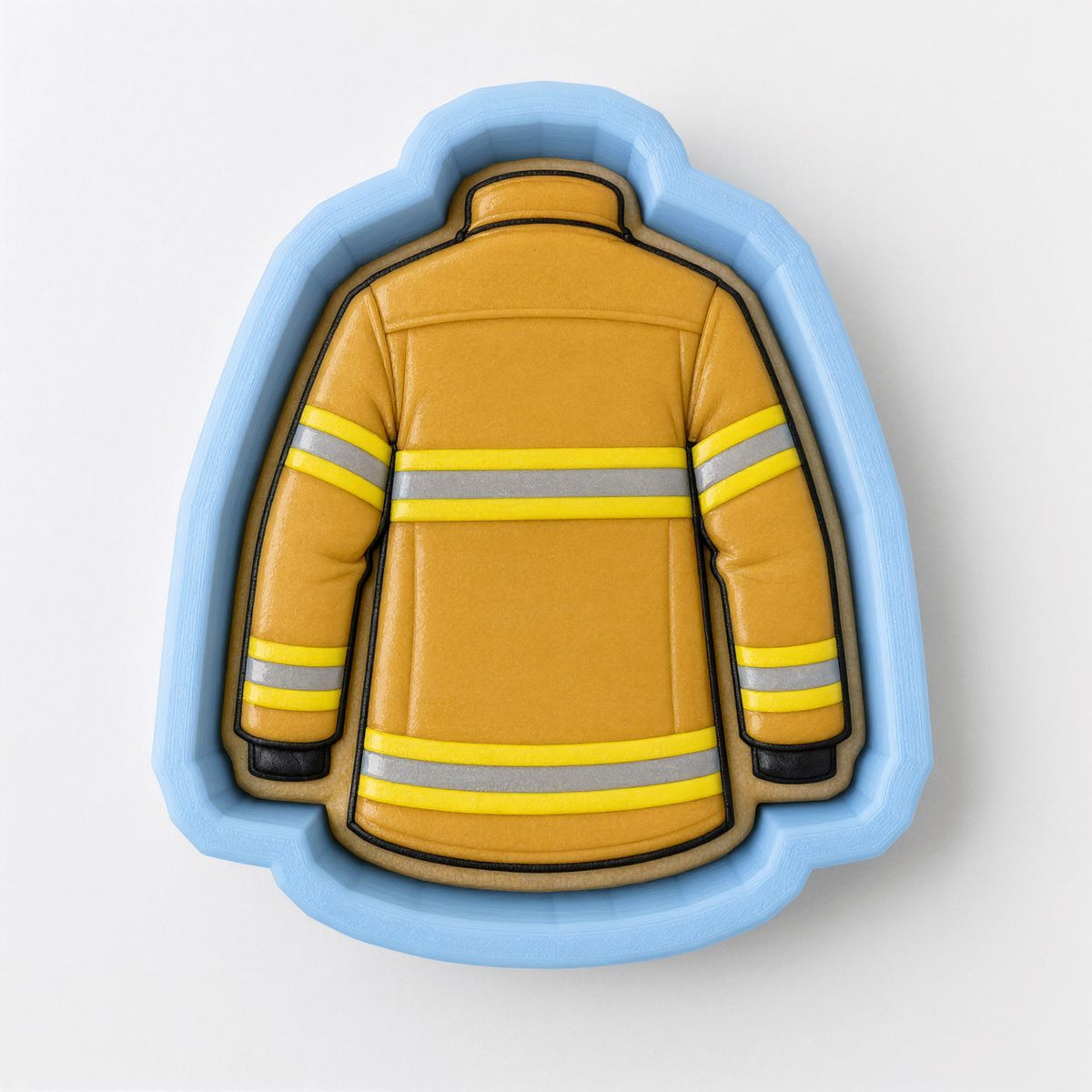 A cookie cutter in the shape of a fireman's uniform, with yellow and gray stripes.