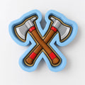 A blue and brown cookie cutter with crossed axes.