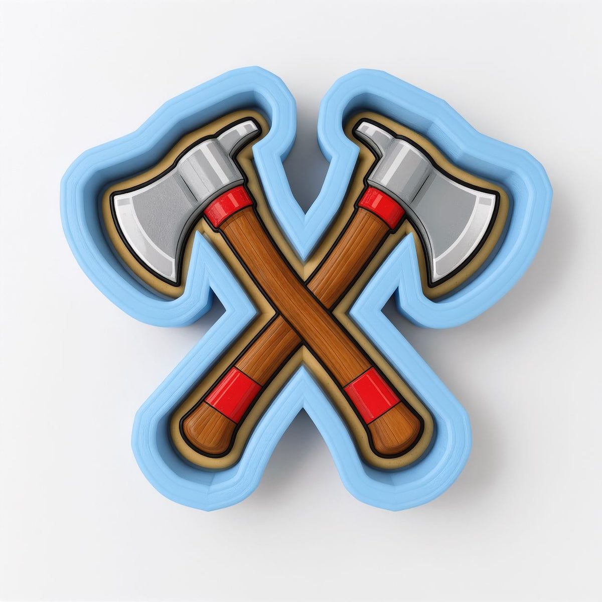 A blue and brown cookie cutter with crossed axes.