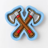 A blue and brown cookie cutter with crossed axes.