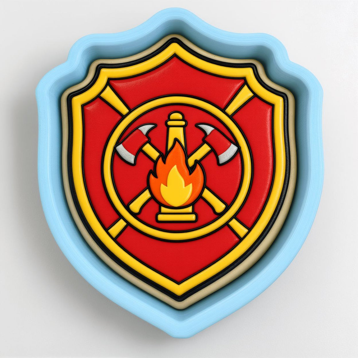 A shield-shaped cookie cutter with a red and yellow design featuring a fire extinguisher and flames.