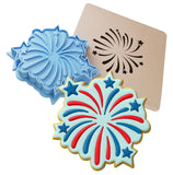 a cookie cutter next to a cookie decorated like a flower