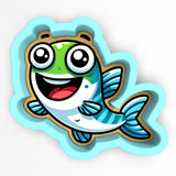 a green and white fish with a happy face