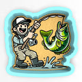 a man holding a fishing rod while standing next to a fish