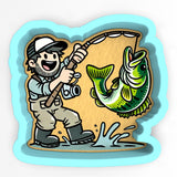 a man holding a fishing rod while standing next to a fish