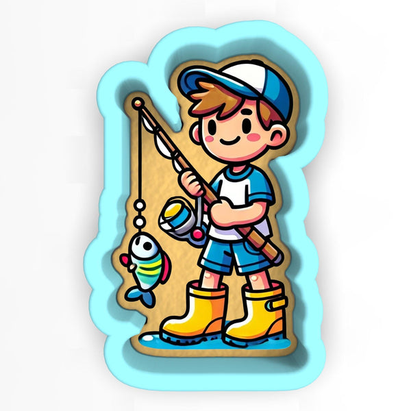 a boy with a fishing rod and a fish