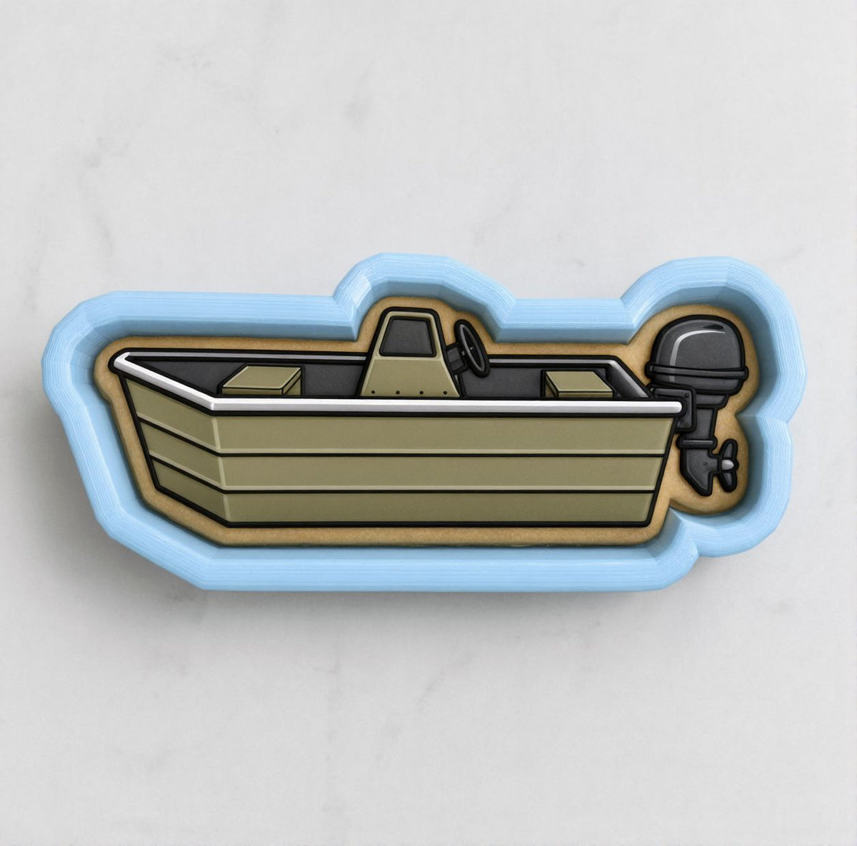 A boat with a motor on the side is depicted in the image.