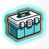 a blue and white tool box with a handle