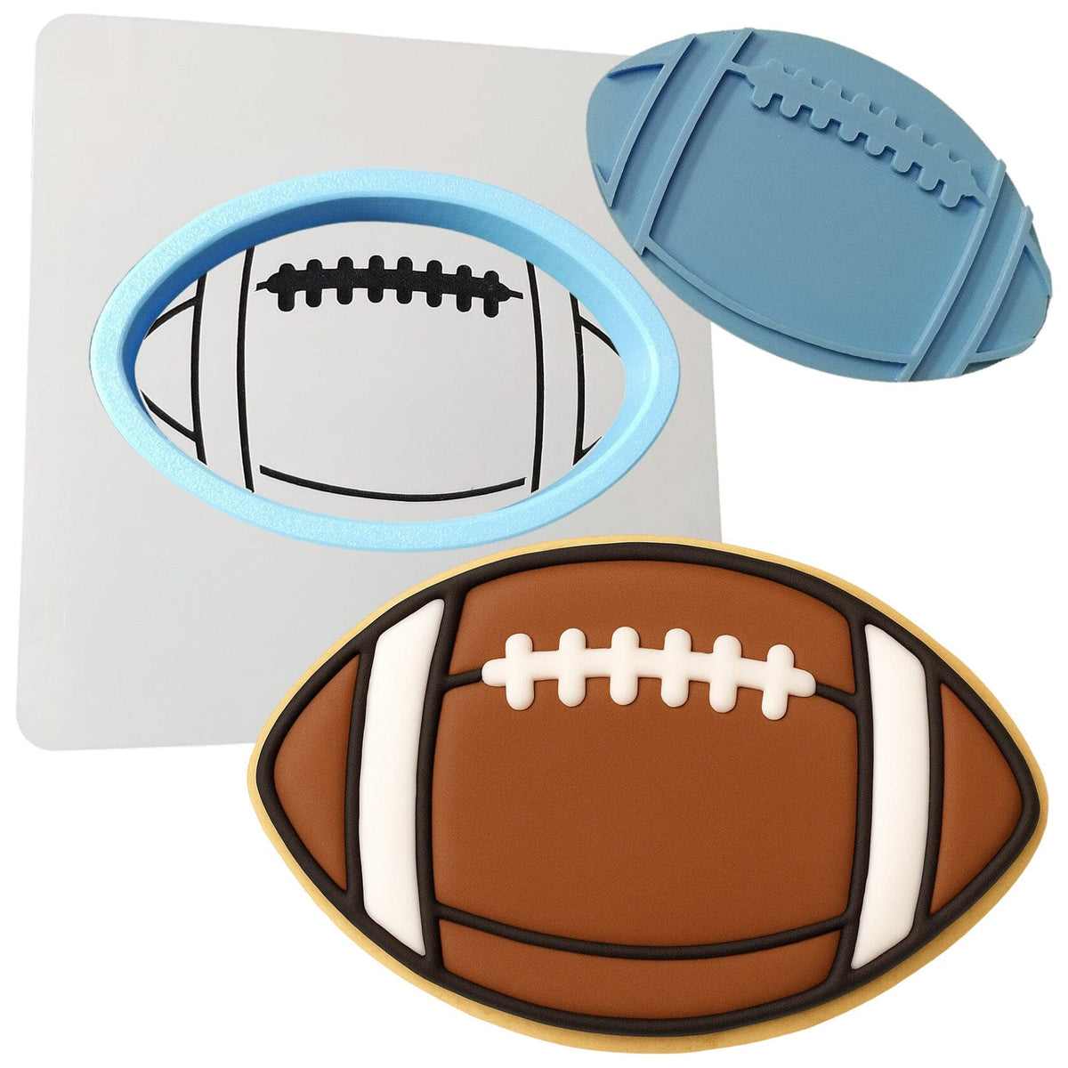 a cookie with a football and a cookie cutter