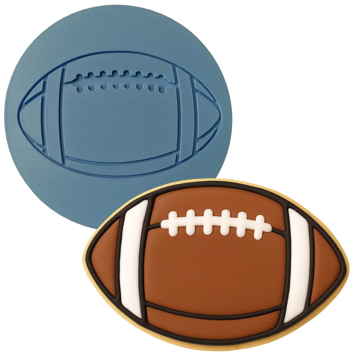 a cookie shaped like a football and a cookie cutter