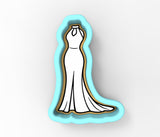 A white, floor-length dress with a high neckline and long train, depicted in a cookie cutter shape.