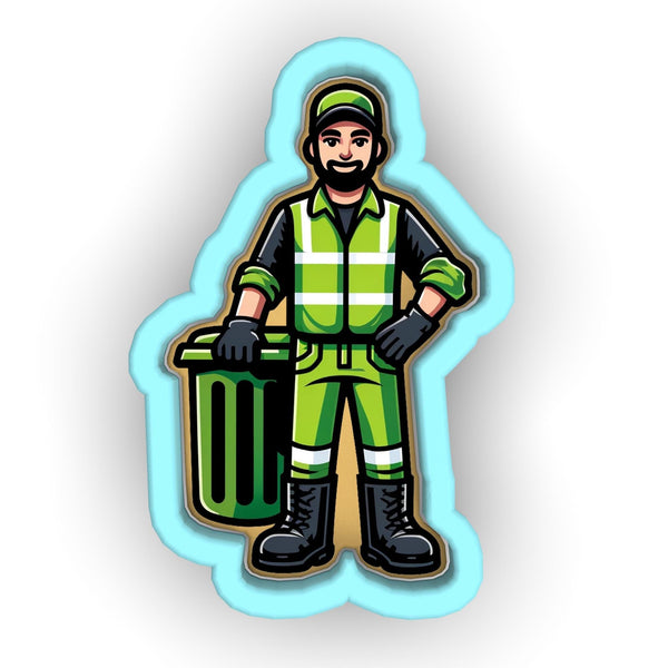 a sticker of a man holding a trash can