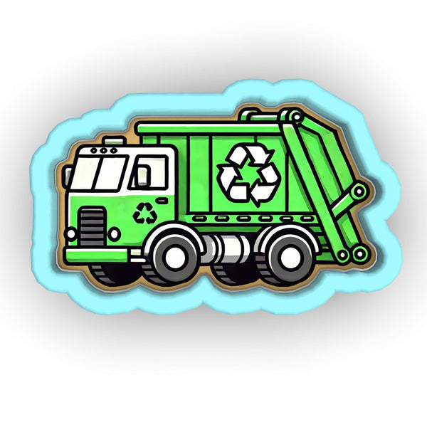 a green garbage truck with a recycle on the back