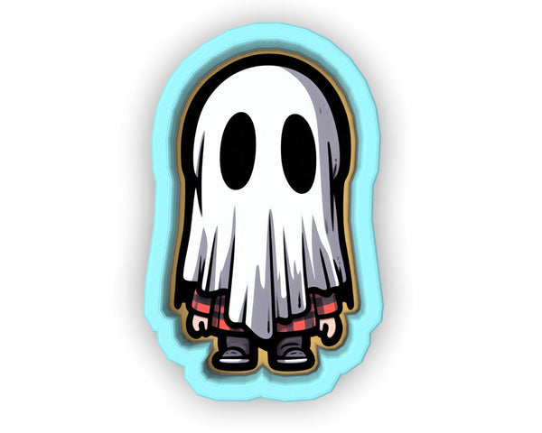 a sticker of a white ghost with black eyes