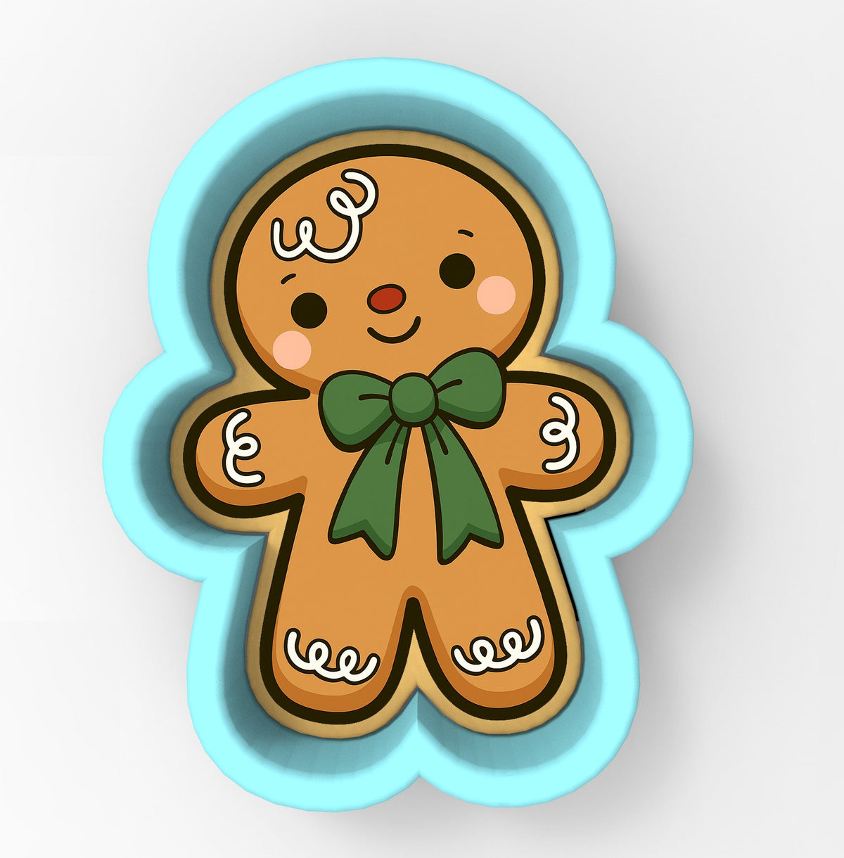 A cookie cutter in the shape of a gingerbread man with a bow tie.