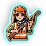 a sticker of a woman holding a rifle