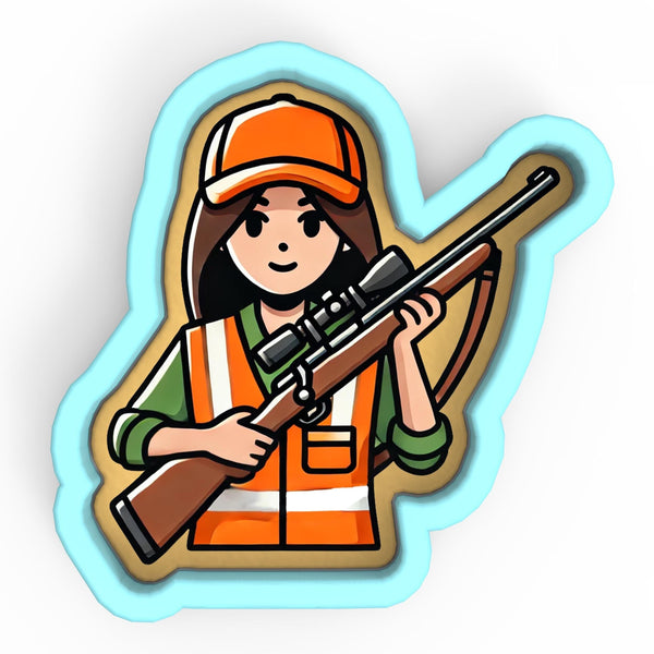 a sticker of a woman holding a rifle